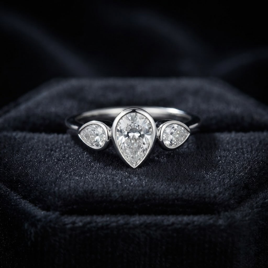 1.09CT Pear-Cut Moissanite Three-Stone Bezel Ring, Silver-Tone – Size 8/P