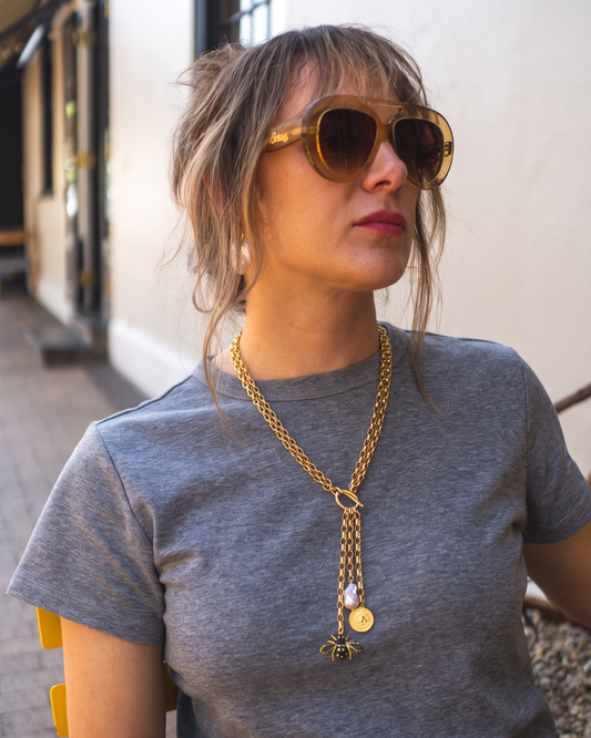 Gold Chain Statement Necklace with Pearl, Coin & Bee Charm
