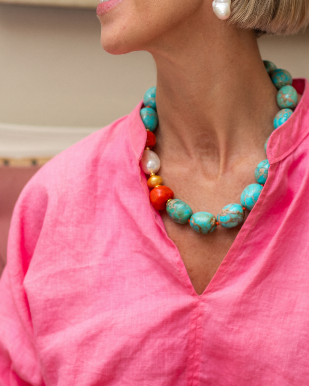 Turquoise, Coral & Freshwater Pearl Necklace