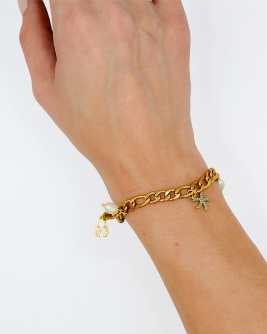 Gold Charm Bracelet with Pearl and charms