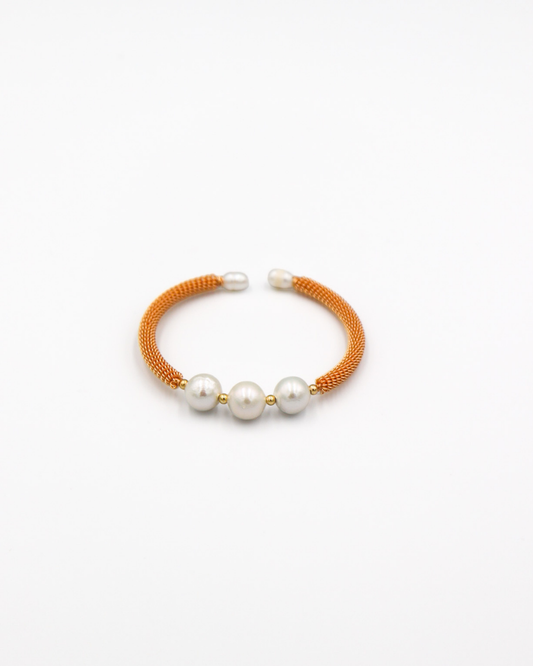 Triple Pearl Gold Mesh Cuff Bracelet