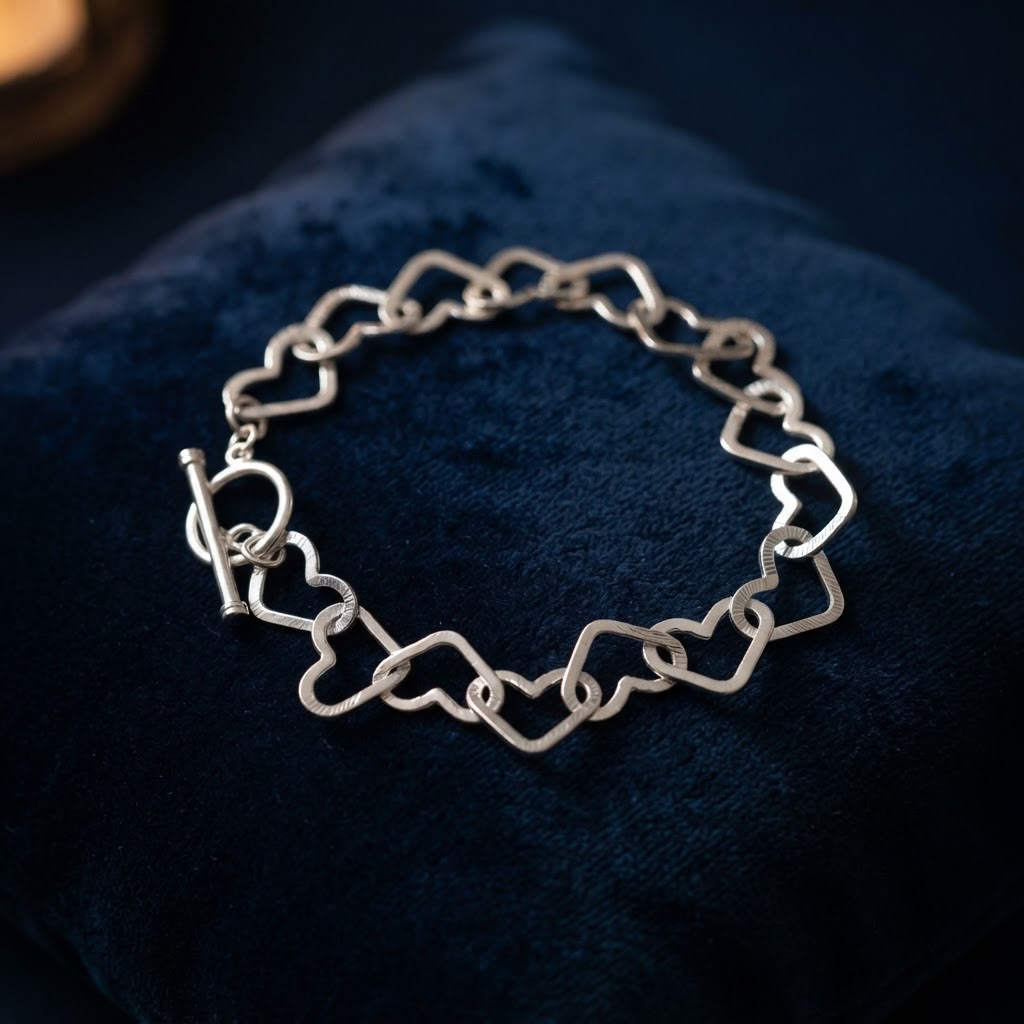 Silver-Tone Linked Open Hearts Bracelet with Toggle Clasp