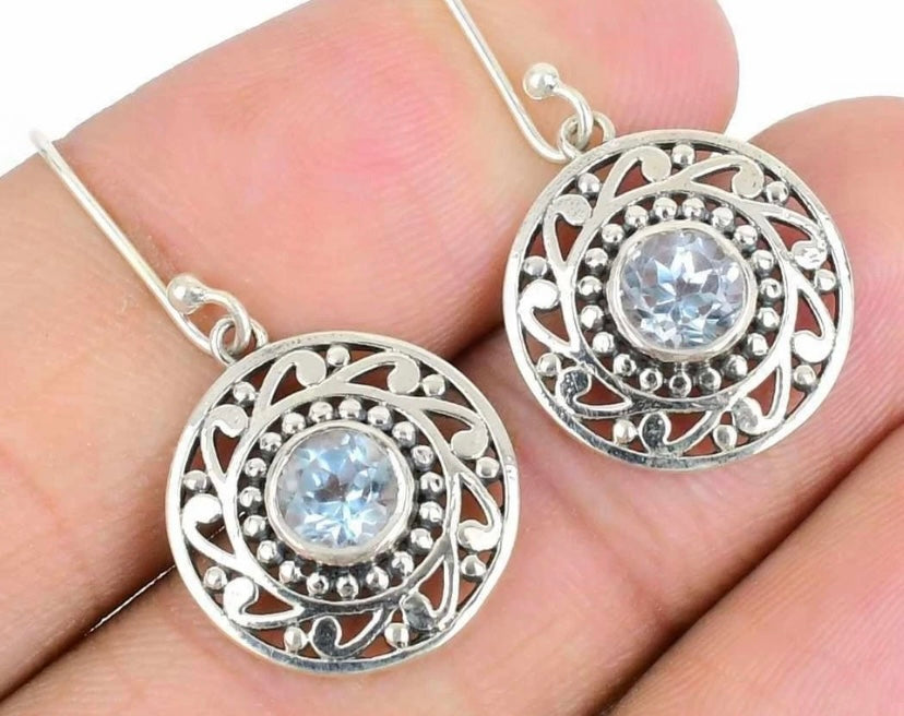 Blue Topaz Filigree Disc Drop Earrings