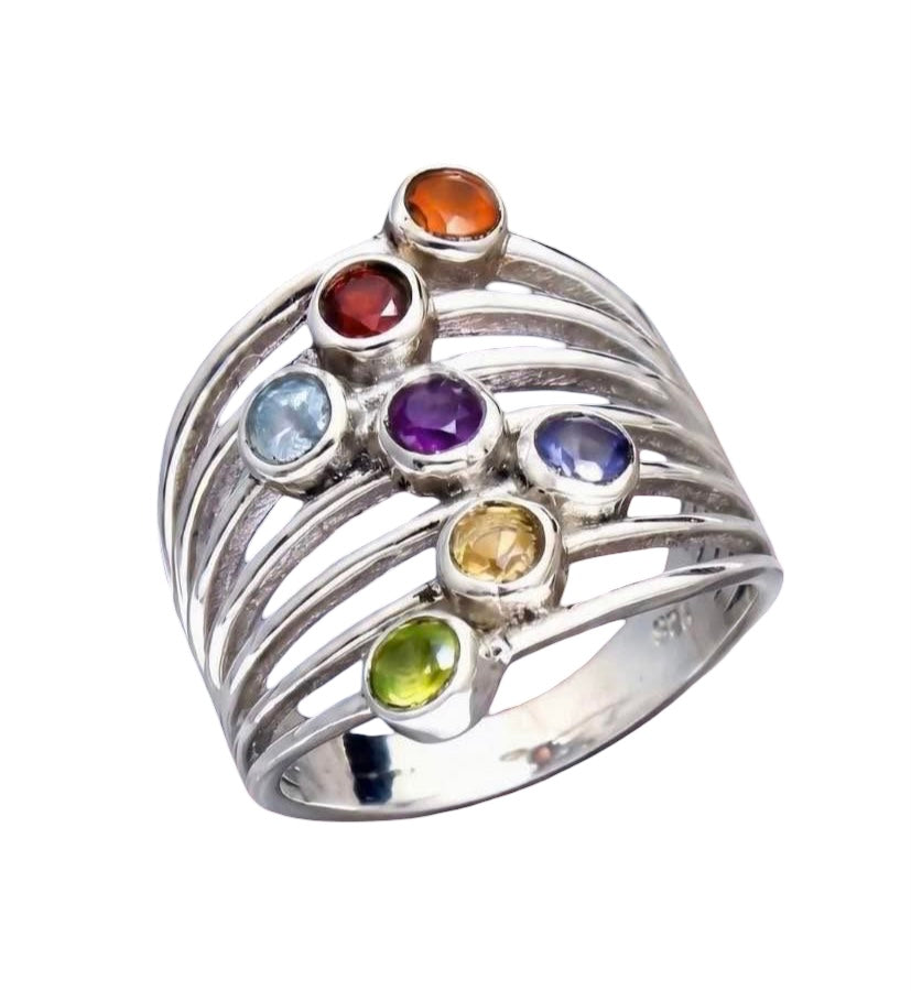 Multi-Gemstone Wide Band Ring