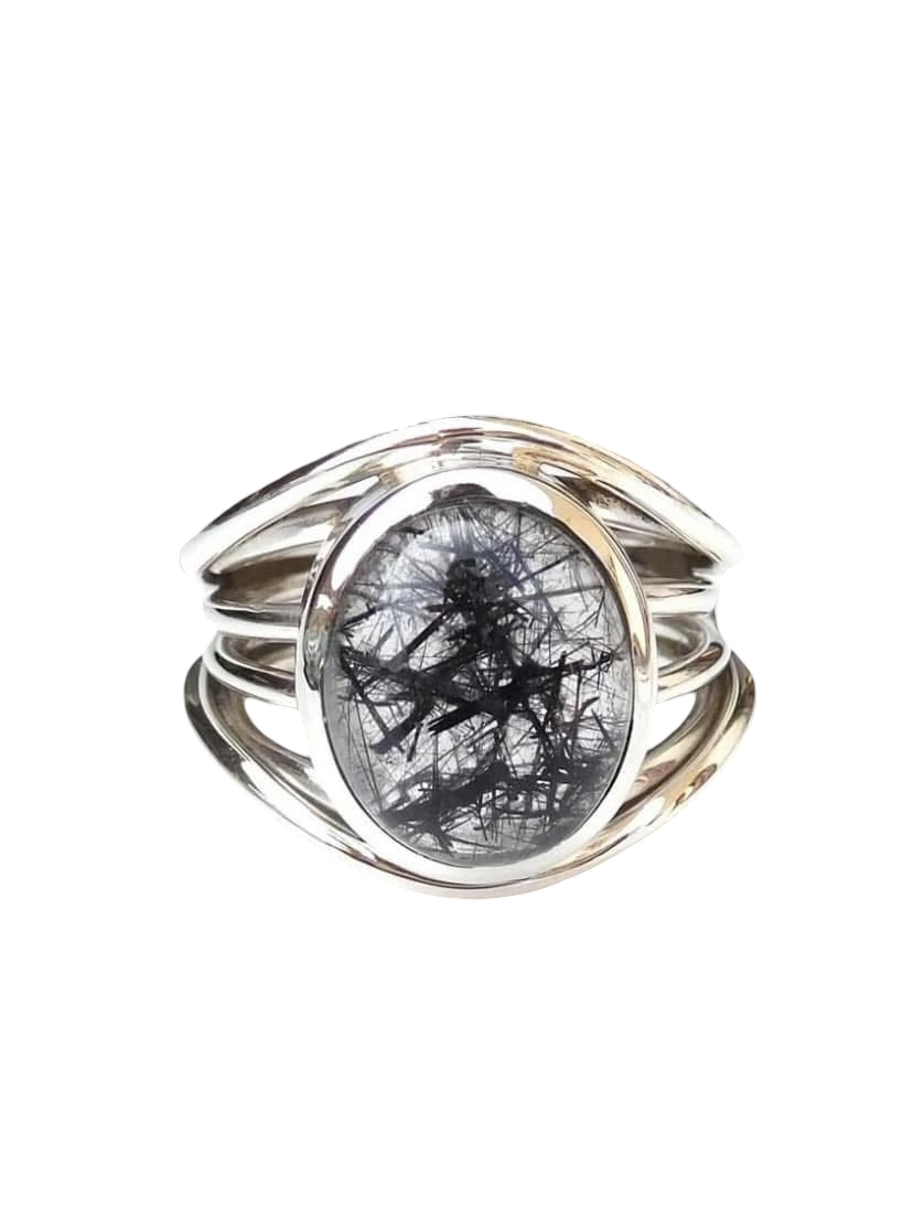 Black Tourmalinated Quartz Multi-Band Ring