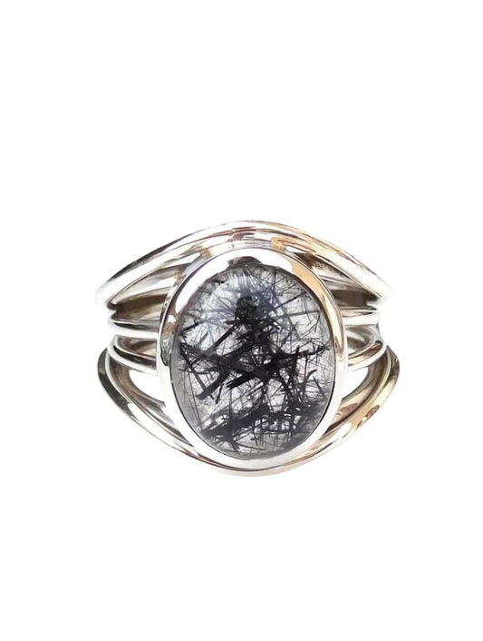Black Tourmalinated Quartz Multi-Band Ring