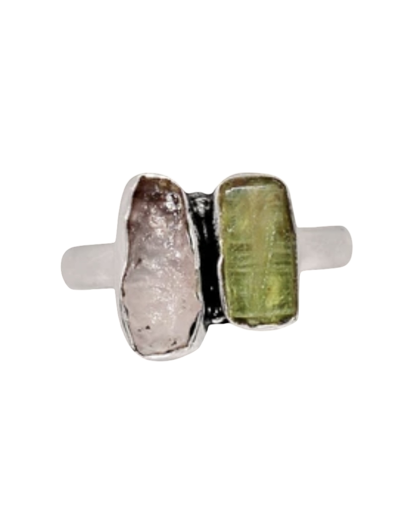 Raw Amethyst & Green Tourmaline Dual-Stone Ring