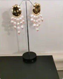 Gold hammered stud earrings with pearl fringe drops