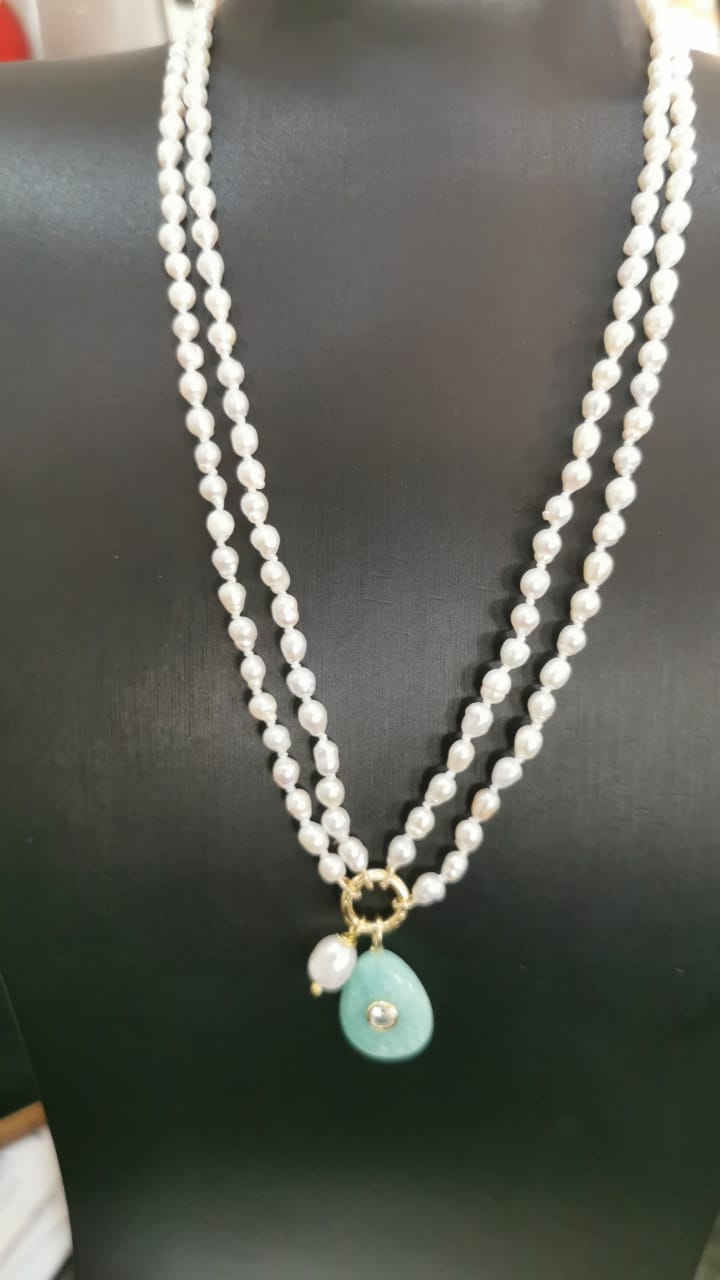Double strand pearl necklace with aqua drop charm