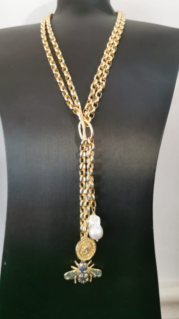 Gold chain necklace with baroque pearl, coin and bee charm