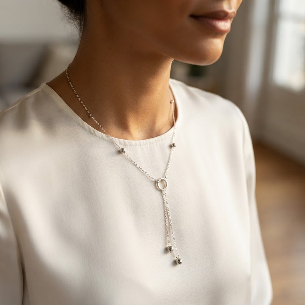 Silver-Tone Fine Chain Lariat Y-Necklace with Bead Drops