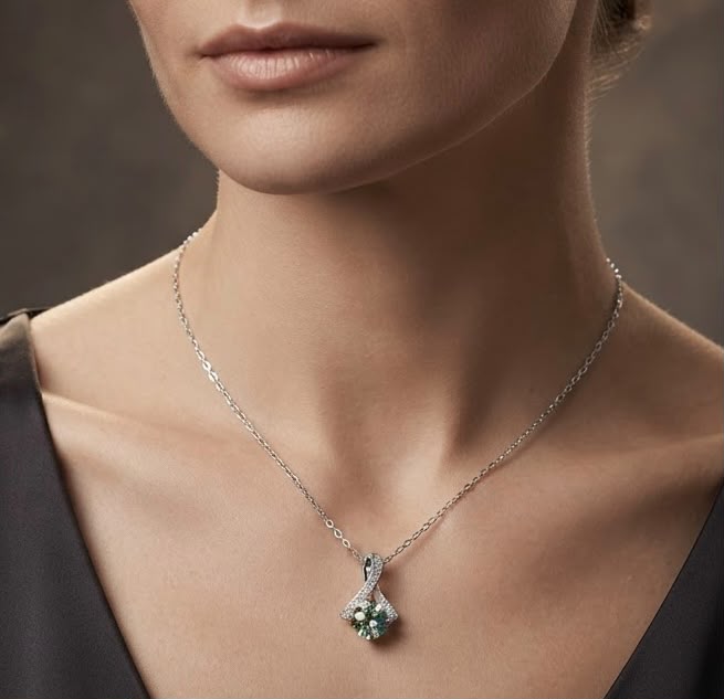 Teal Moissanite Drop Pendant Necklace on Silver-Tone Chain