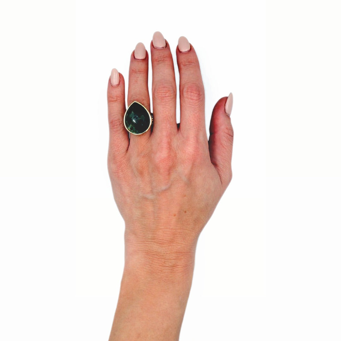 Labradorite Ring – Large Dark Green-Black Teardrop Stone with Iridescent Sheen in Gold-Tone Bezel Setting