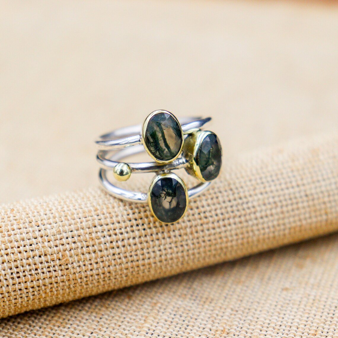 Triple Moss Agate Multi-Band Ring